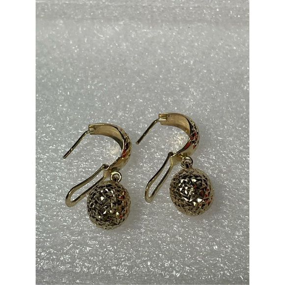 14KT Yellow Google Diamond Etch Dangle Ball Lever Back Earrings 1” Long - Picture 4 of 8